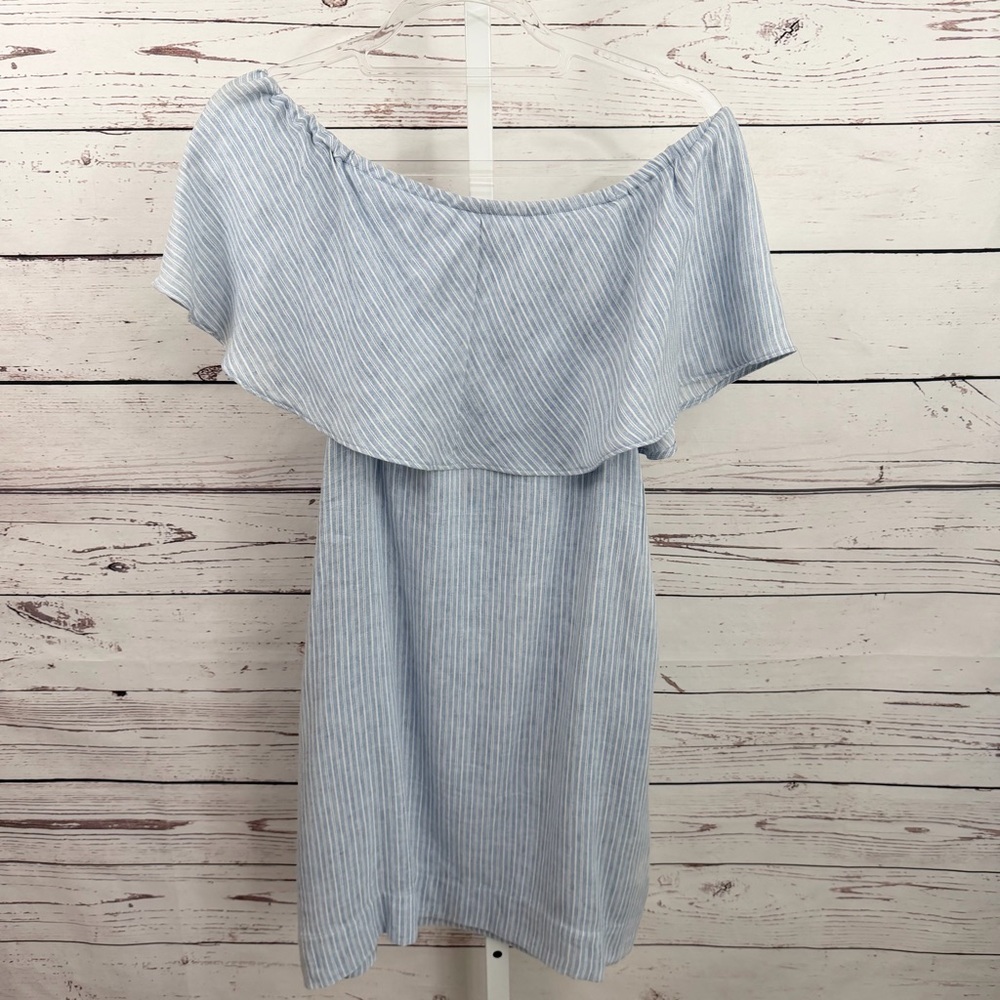 7 For All Mankind Off the Shoulder Light Blue & White Striped Mini Dress Medium - Picture 5 of 9